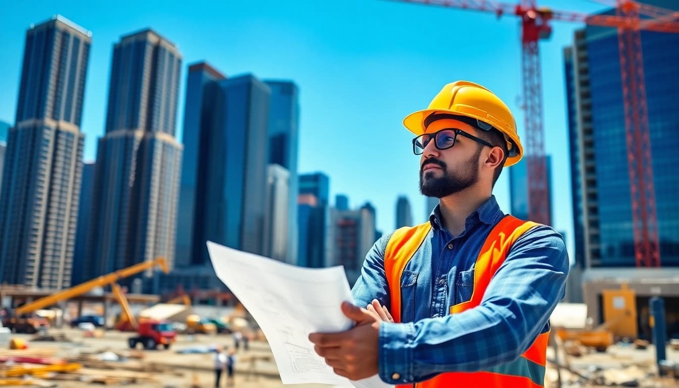 Manhattan General Contractor managing a construction site with blueprints in hand amidst busy workers and equipment.