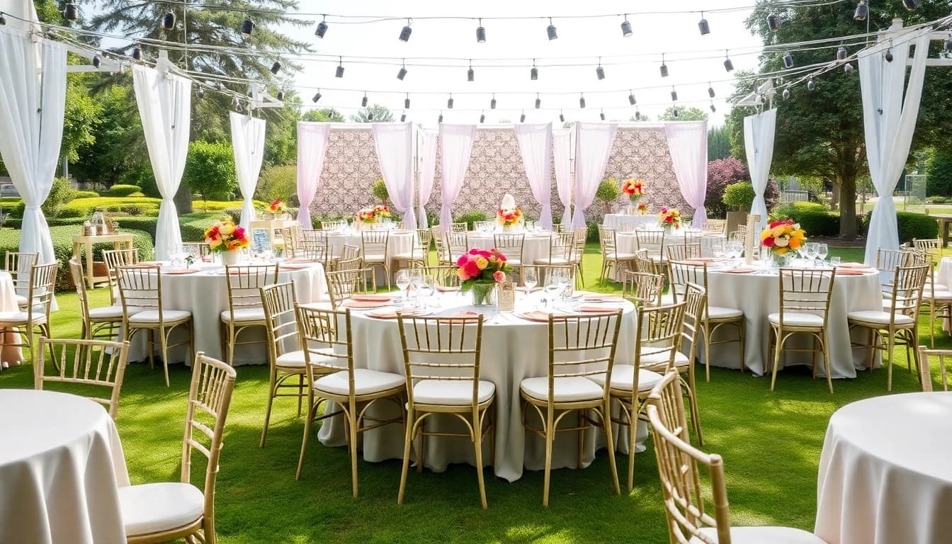 Elegant table & chair rentals showcased in a luxurious outdoor setting, perfect for events.