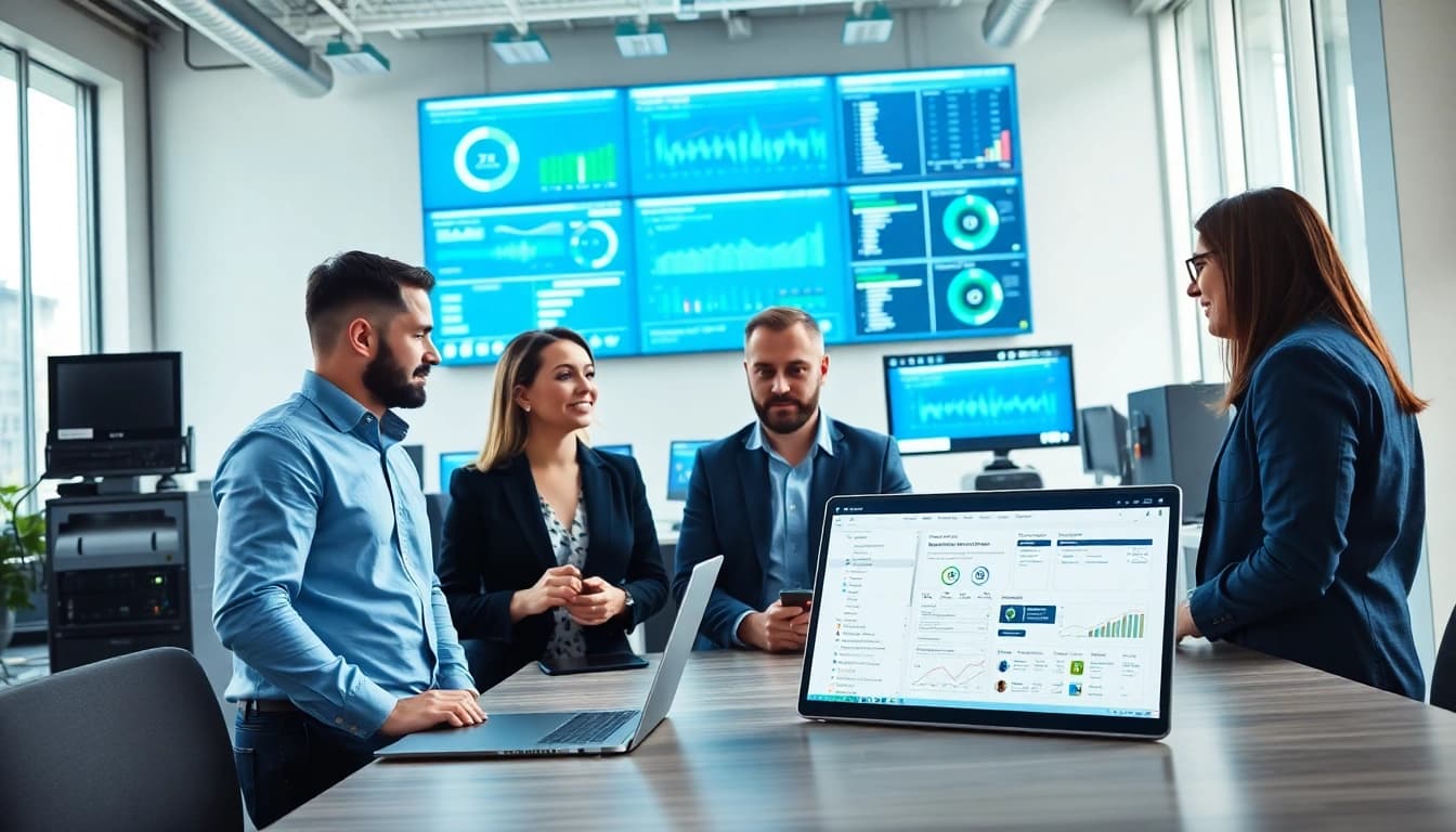 VMware Consulting professionals collaborating in a high-tech office, strategizing on innovative solutions.