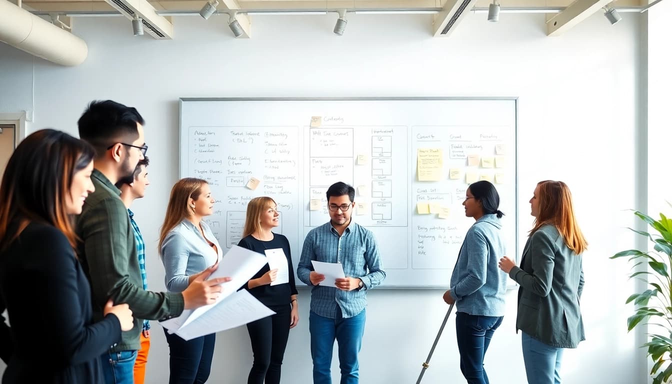 Execute a Content Gap Analysis with a professional team in a modern workspace filled with charts and notes.