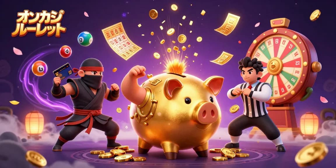 オンカジ ルーレットのダイナミックなシーンで、金色の貯金箱の相撲レスラーがコインを落としながら魅了しています。