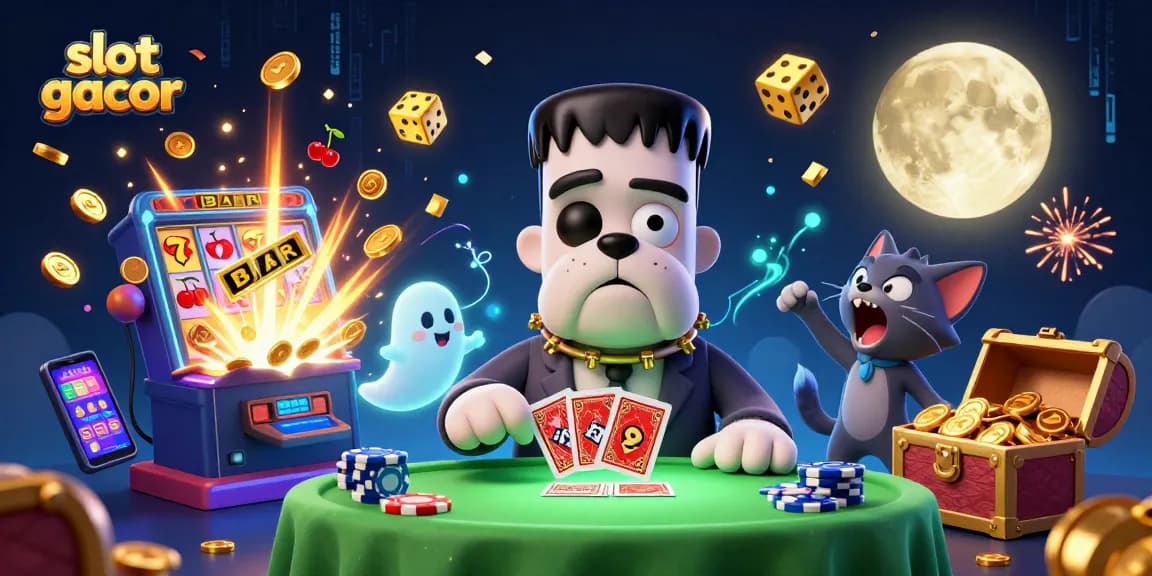 Slot gacor dengan anjing Frankenstein dan anak kucing werewolf memegang kartu di meja judi yang menyeramkan.