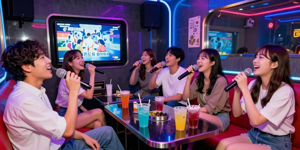 Friends enjoying 제주도유흥 in a lively karaoke room with vibrant lights and drinks.