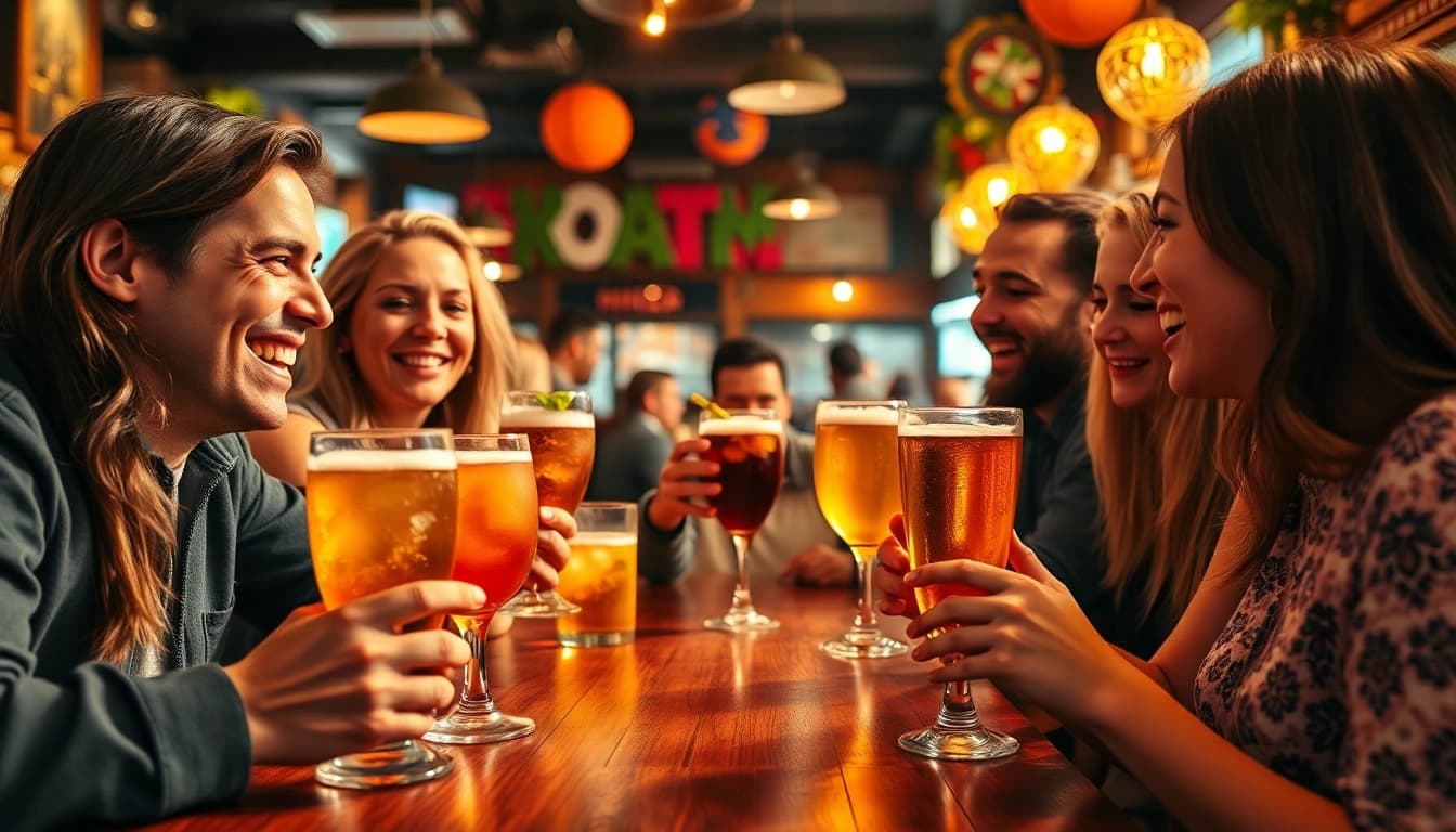 Friends on a night out on the lash enjoying drinks and laughter at a lively pub.