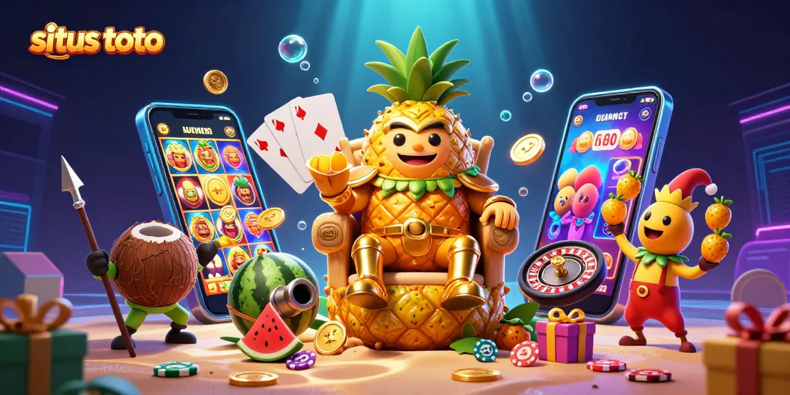 Sparkle at the situs toto casino with a dazzling scene featuring the pineapple king and vibrant gaming elements.