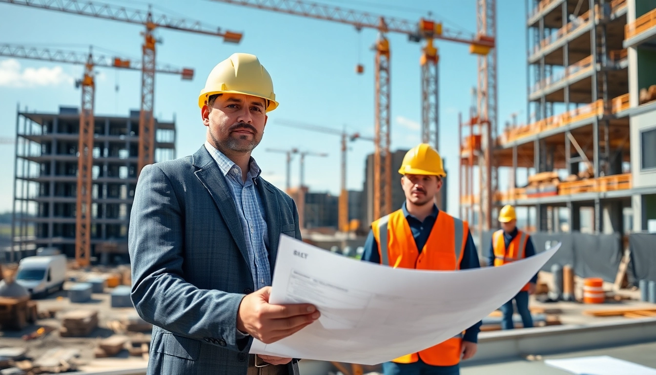 New Jersey Construction Manager supervising a busy construction site with cranes and workers.