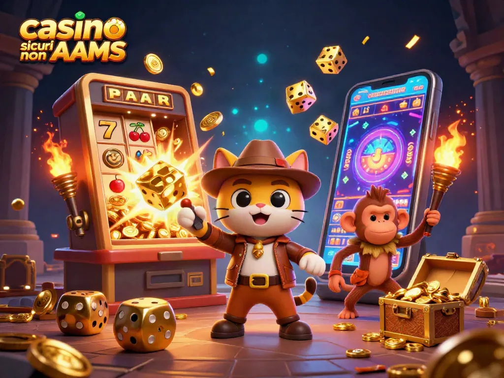 Scopri il mondo dei casino sicuri non AAMS con un gatto archeologo e un compagno scimmia in un'illustrazione vivace.