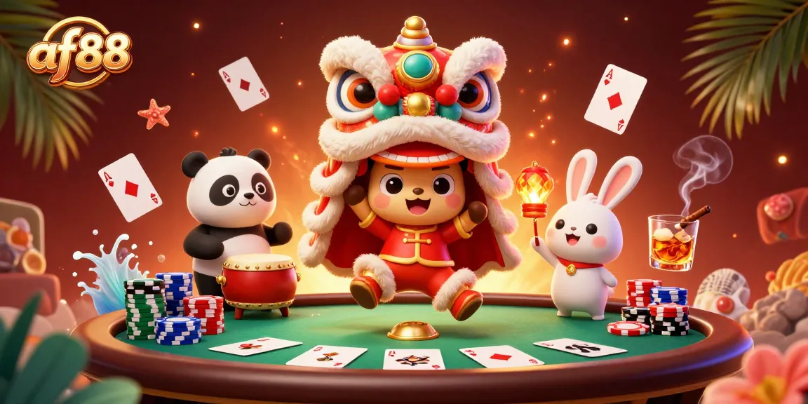 Join in the excitement at af88 with a lively casino scene featuring a lion dance and poker elements.