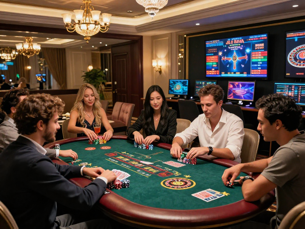 Sòng bạc Jin88 với không gian sang trọng, người chơi tham gia vào các trò chơi casino.