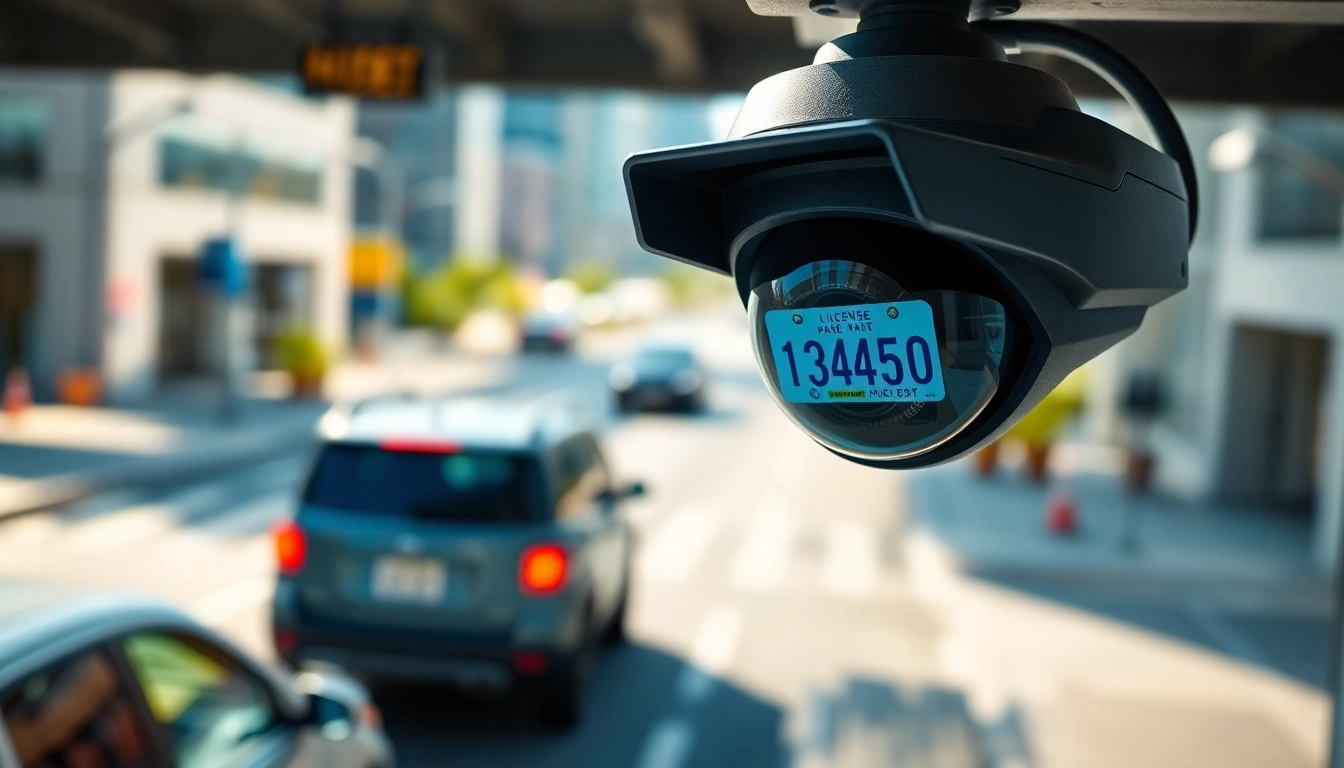 Capture of a license plate recognition camera analyzing vehicle plates in a bustling environment.