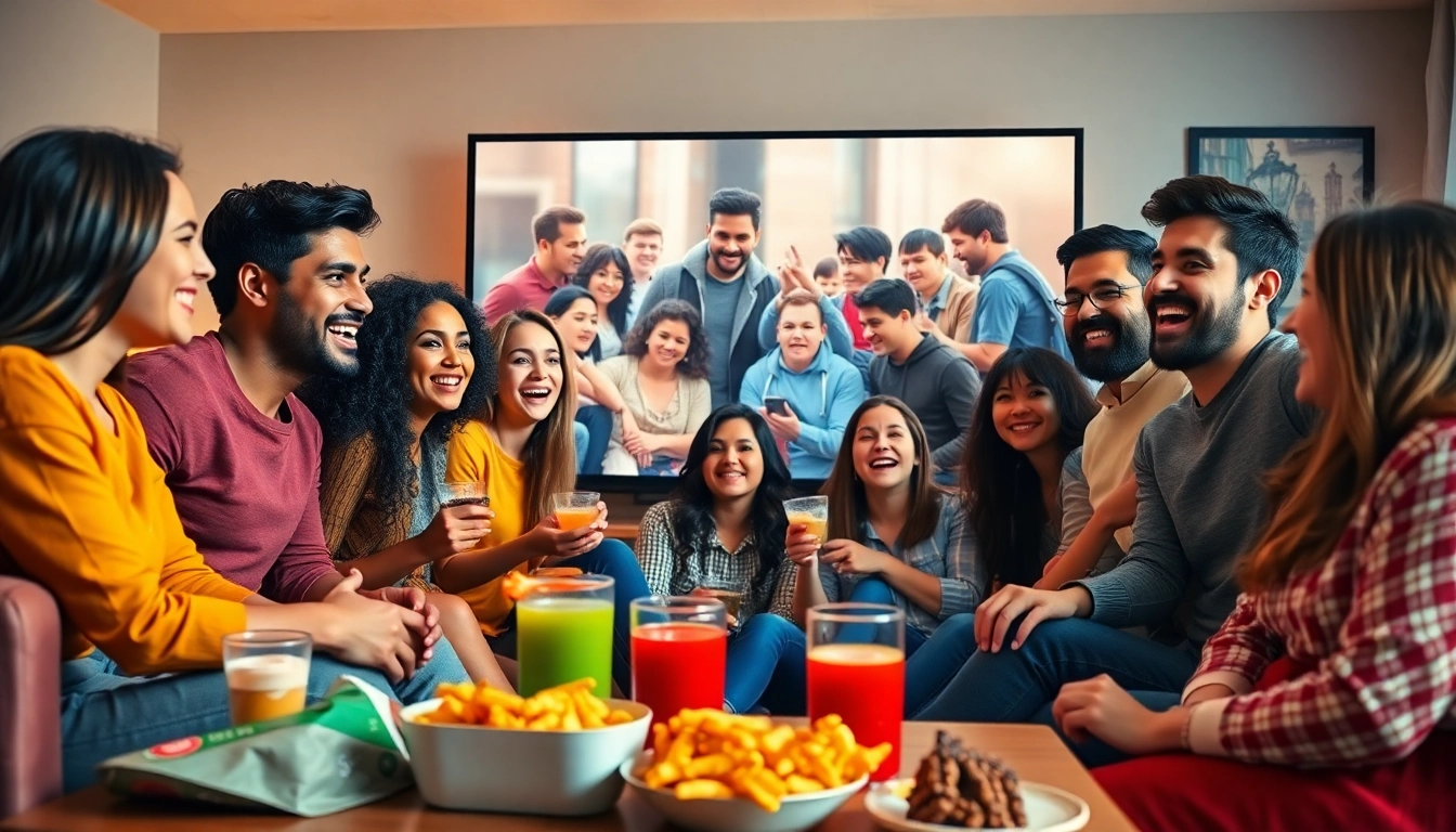 Watch TV series online free with friends in a cozy living room, enjoying a movie night.