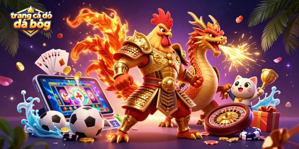 Trang cá độ đá bóng hấp dẫn với chú gà chiến và rồng, thể hiện không khí cá cược sôi động