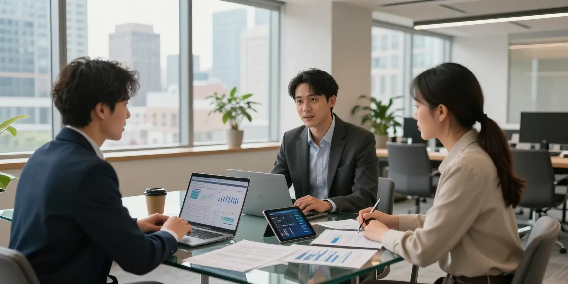 Client consultation about 시카고페이 services in modern office setting, showcasing financial documents and analytics.