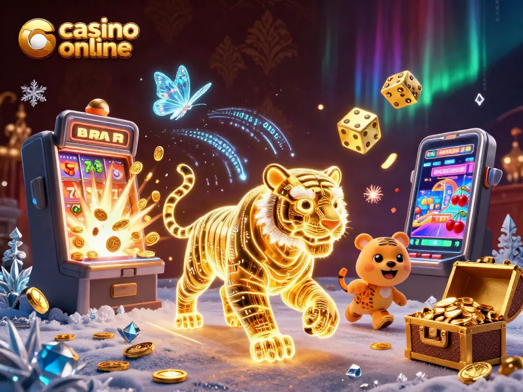 Juegos dinámicos de casino online, atractivo y colorido entorno de tragamonedas y dados dorados.