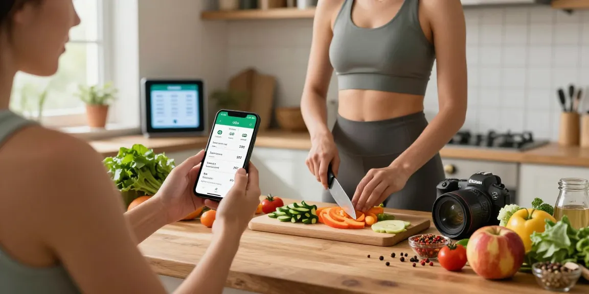 Engaged user logging meals on the best AI calorie tracker in a vibrant kitchen.