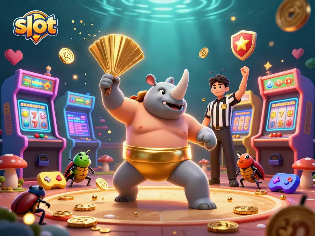 Experience vibrant slot action with a sumo beetle stomp, sending coins flying amidst colorful game machines.