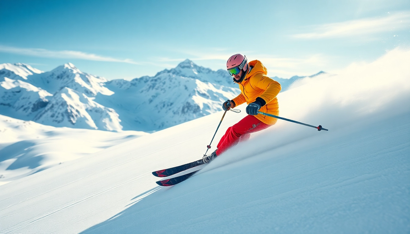 Buy ski gear with a skier showcasing vibrant equipment in a snowy mountain landscape.