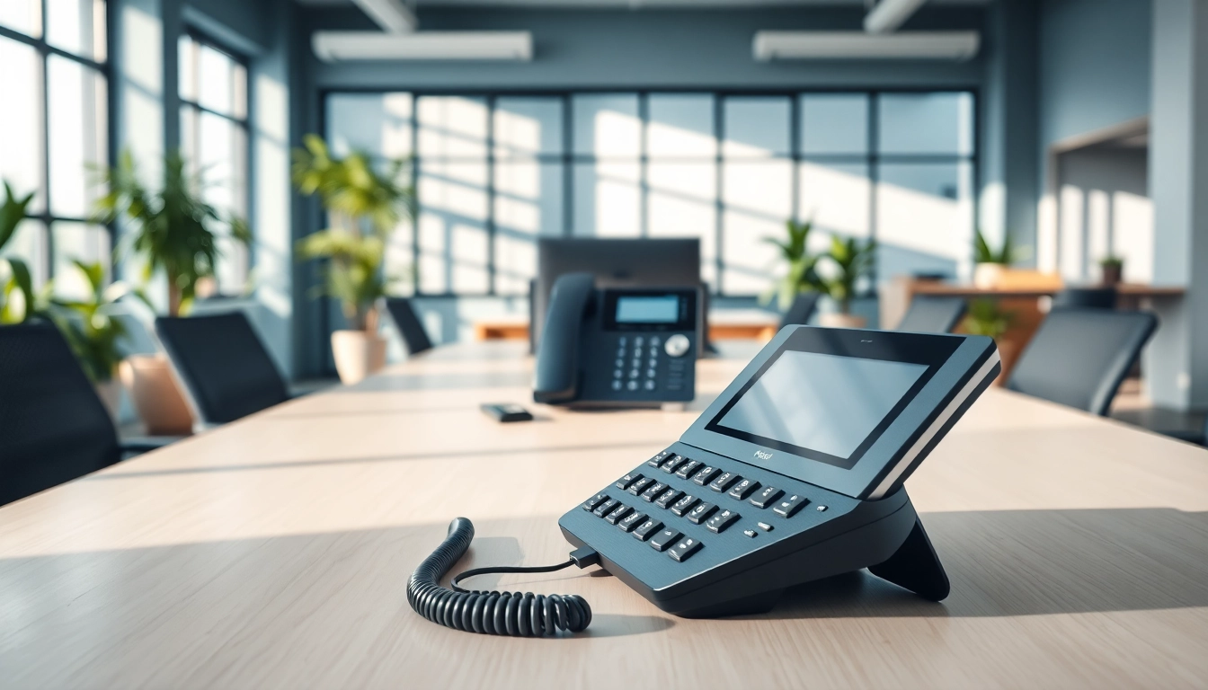 Showcasing a sleek VoIP phone in a modern office, embodying small business phone service efficiency.