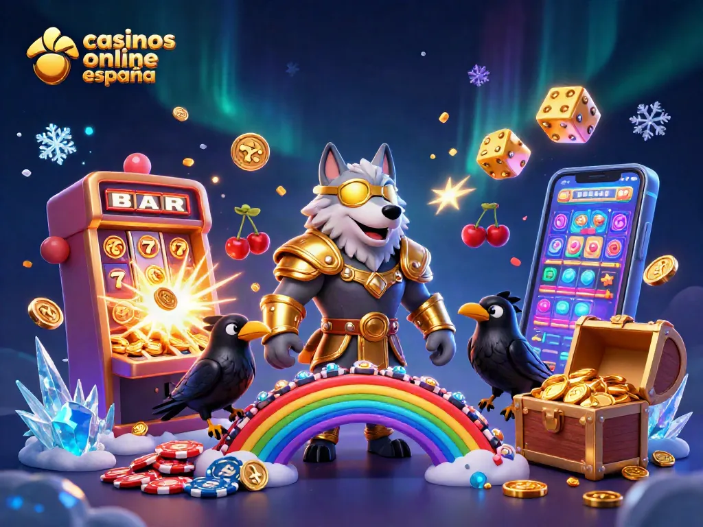 Disfruta en los casinos online España con una ilustración vibrante de juegos, símbolos y premios en un entorno mágico.