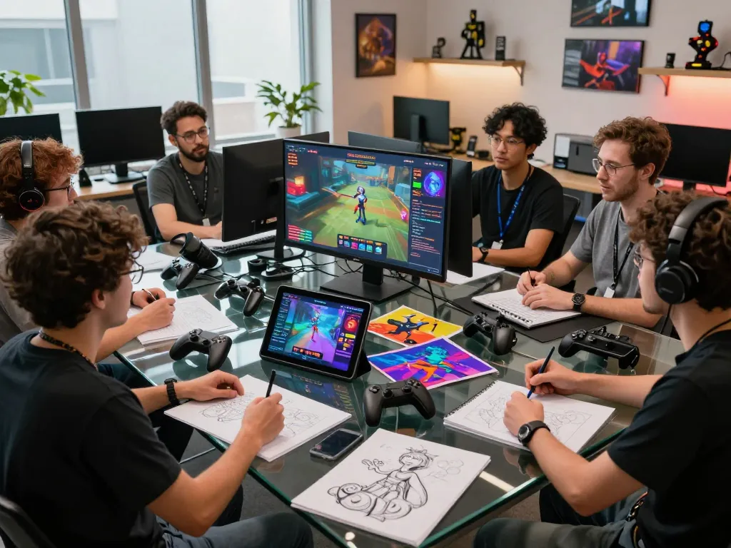A collaborative team developing a real porn game in a modern studio environment, showcasing sketches and gaming consoles, filled with creative energy.