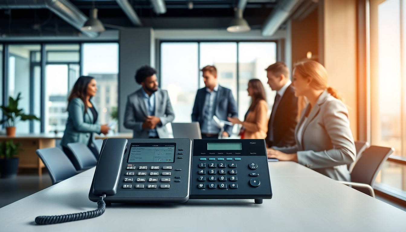 Engaged team members utilizing innovative telephone systems in a modern office.