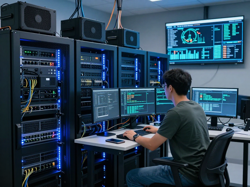 Gestión de servidores dedicados en un moderno centro de datos con tecnología avanzada.