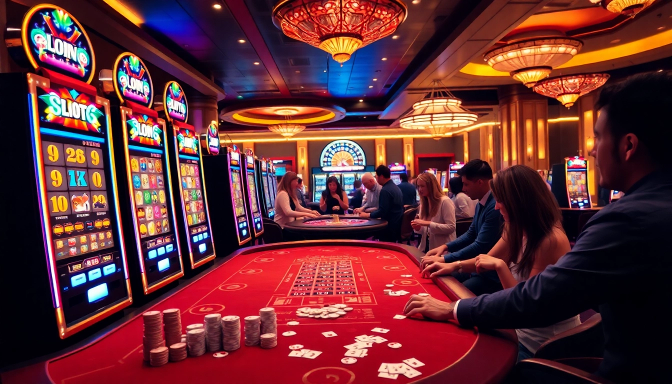 Experience the thrill of slot deposit pulsa at vibrant casino machines with excited players.