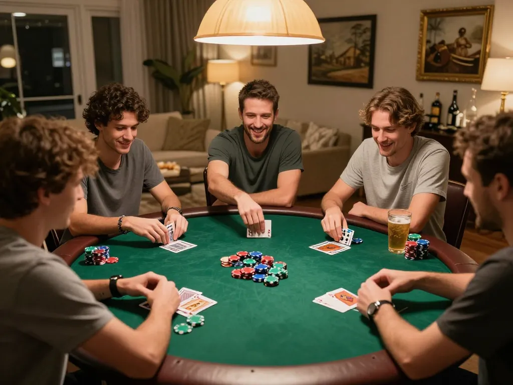 Friends playing poker at home, enjoying a friendly game night with 388bet poker chips