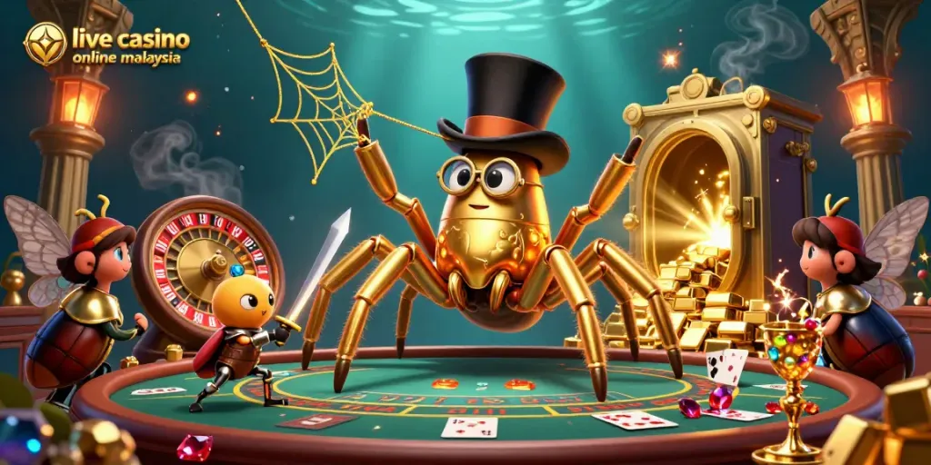 Experience live casino online malaysia with a vibrant scene featuring a giant tarantula and a beetle knight.