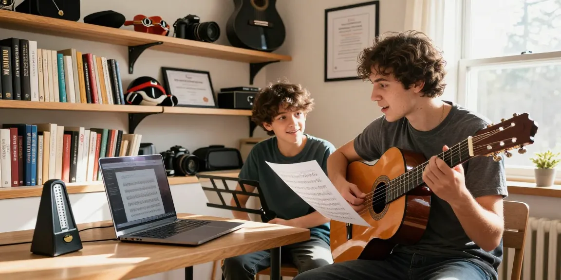 Engaging Zoom Classical Guitar Lessons with certified instructor in a cozy home studio.