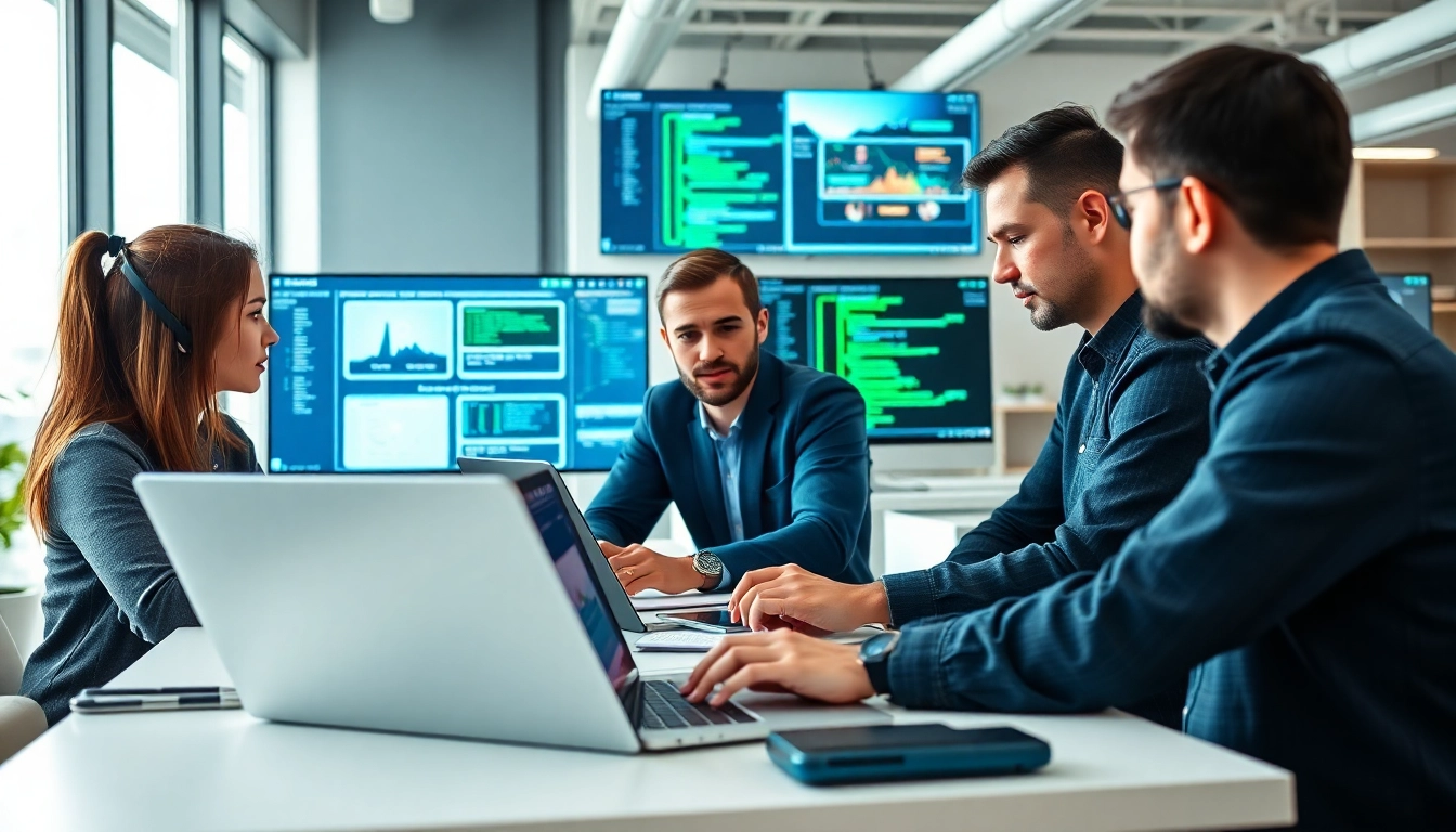 Creating a test automation tool in a modern office with a collaborative team.