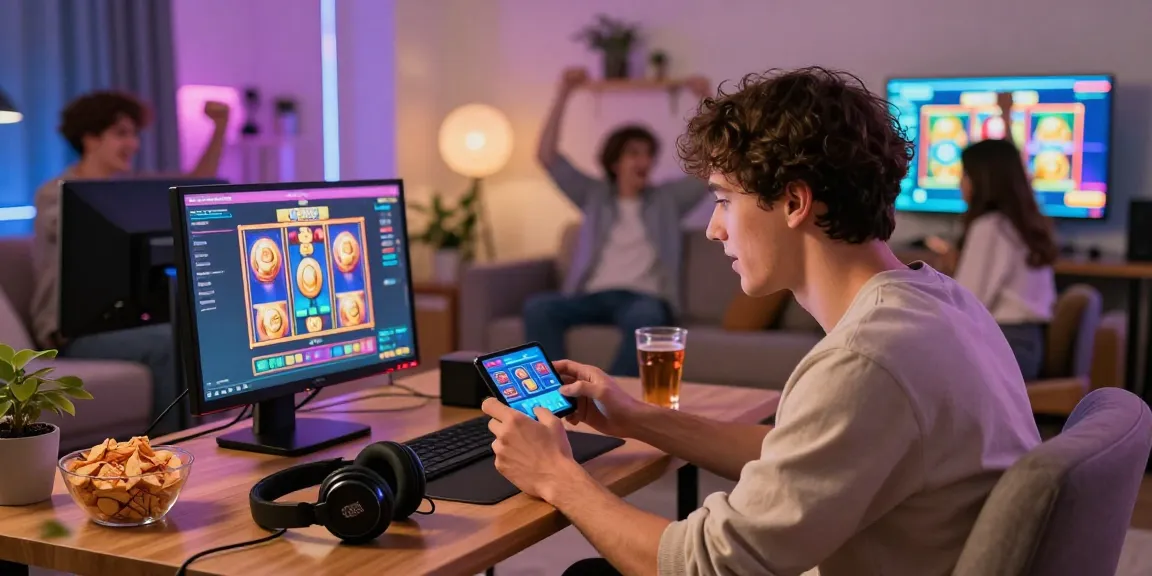Exciting moment playing slot88 on mobile device with friends in a cozy setting.