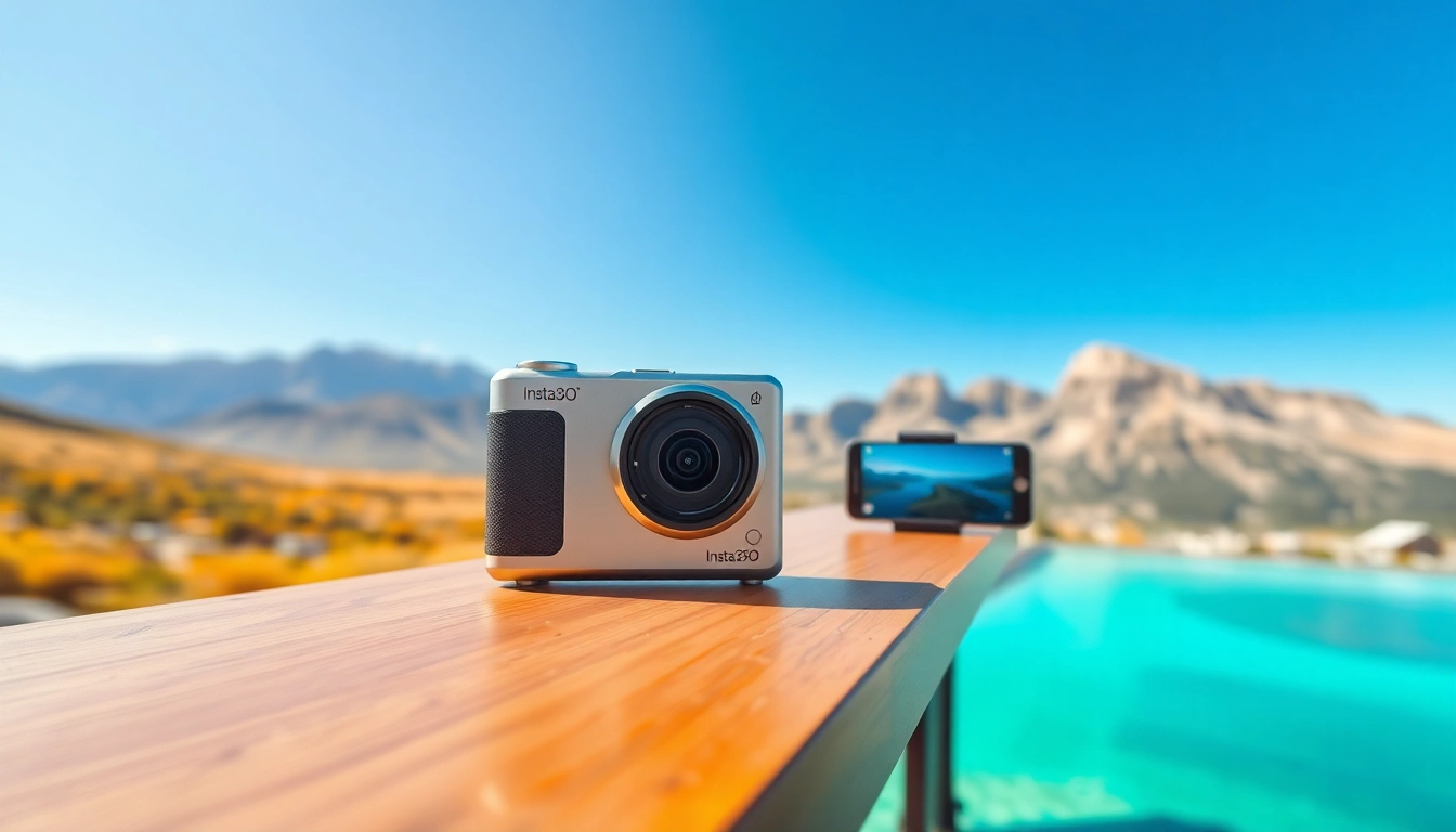 Insta360 X5 camera showcasing sleek design and vibrant outdoor scenery.