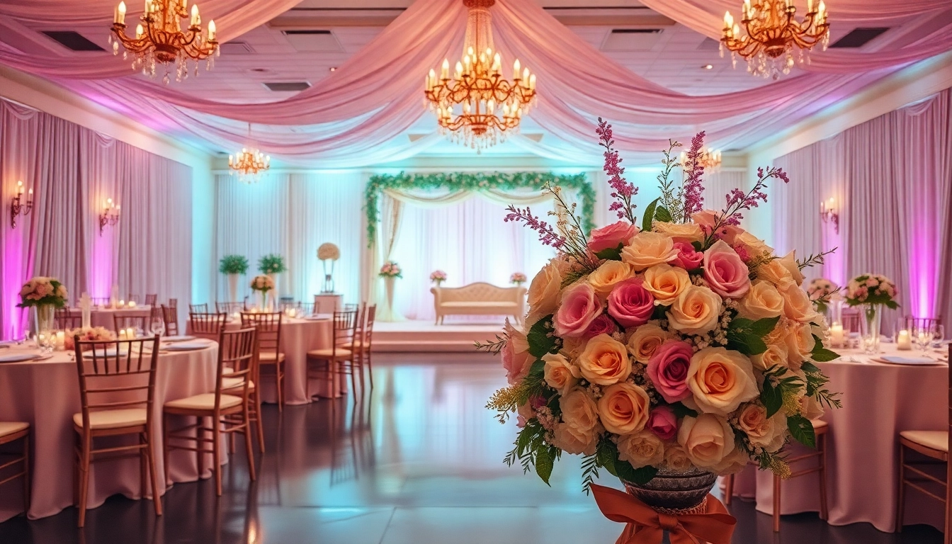Elegant hochzeitssaal with floral decorations and cozy lighting setting the mood for a wedding
