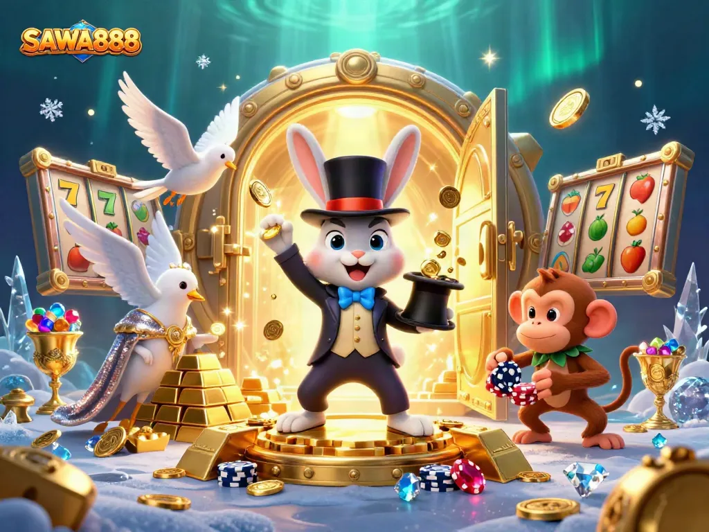 Join SAWA888 for an enchanting gambling experience featuring a magician rabbit and dazzling treasures.