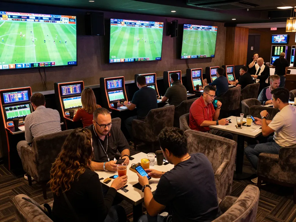 Engaging scene of patrons enjoying kèo nhà cái 5 while betting on live football matches in a stylish lounge.