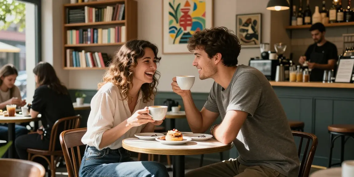 Couple sharing a laugh over coffee, capturing the essence of a crush on moments in a cozy café.