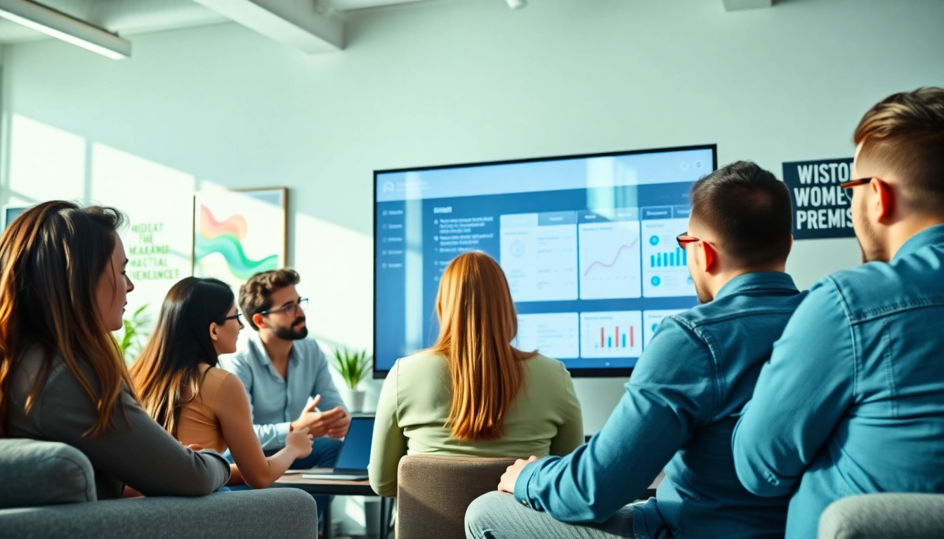 Team collaborating around an advanced smm panel interface in a vibrant office