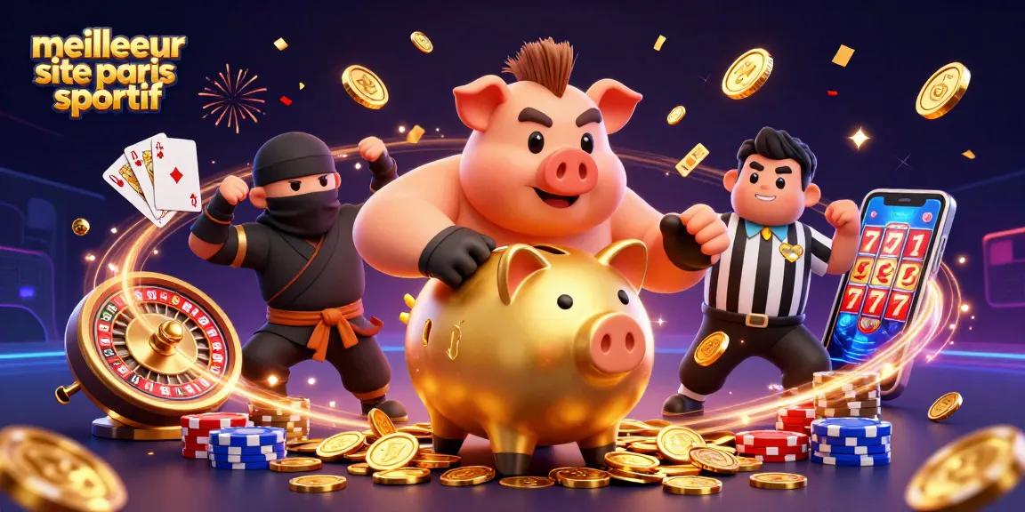 Illustration dynamique de paris sportifs, meilleur site de paris sportifs, avec des personnages animés et des éléments de jeu.