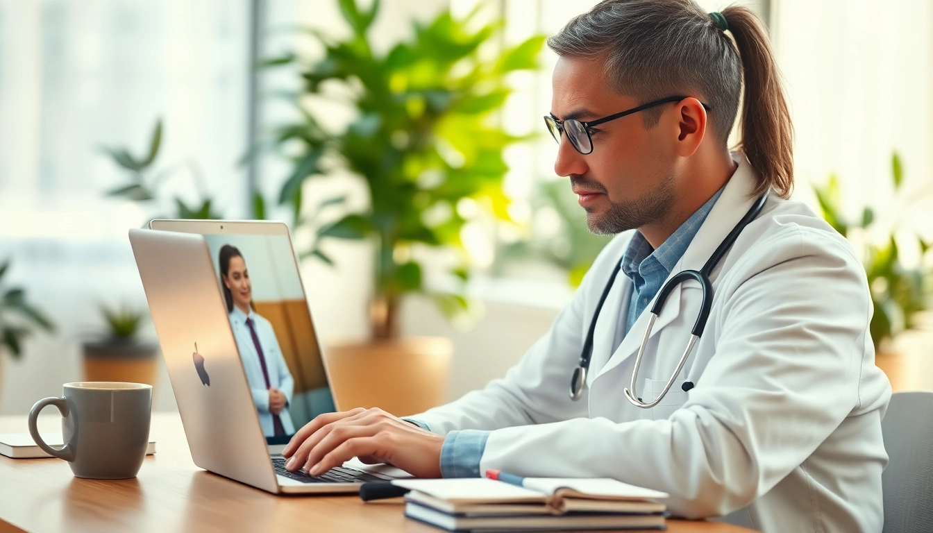 Engaging fast telehealth consultation online with a professional doctor using laptop in bright office.