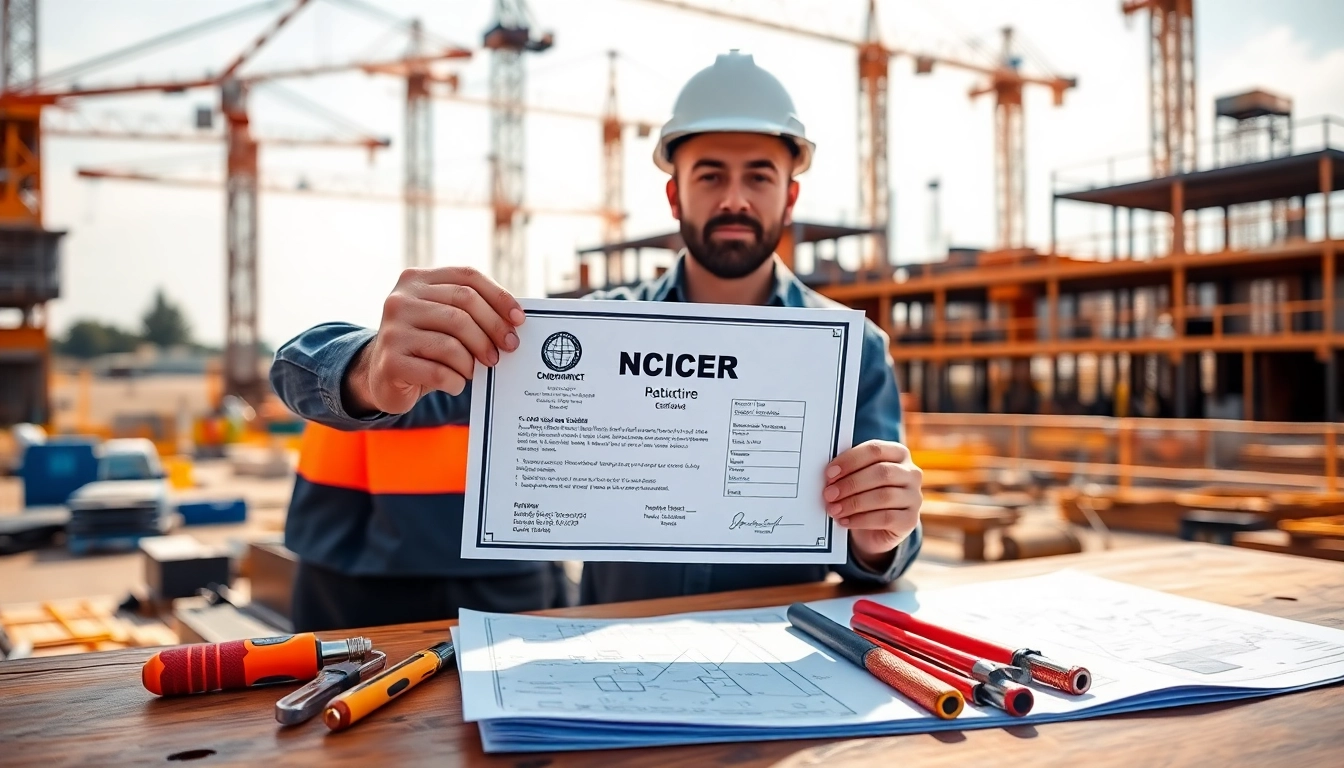 Showcase of NCCER certification held by a skilled construction worker on a vibrant job site.