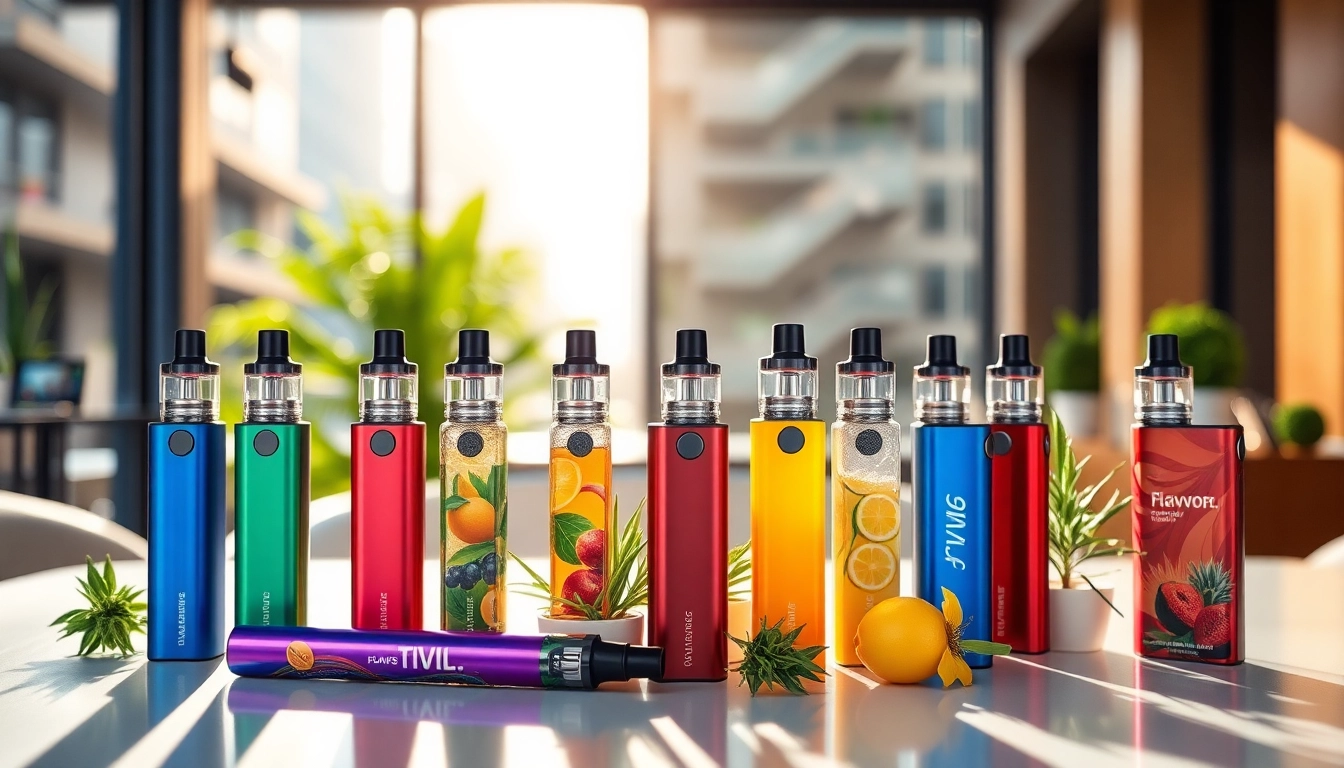Browse colorful disposable vapes displayed beautifully on a modern table, showcasing diverse flavors.