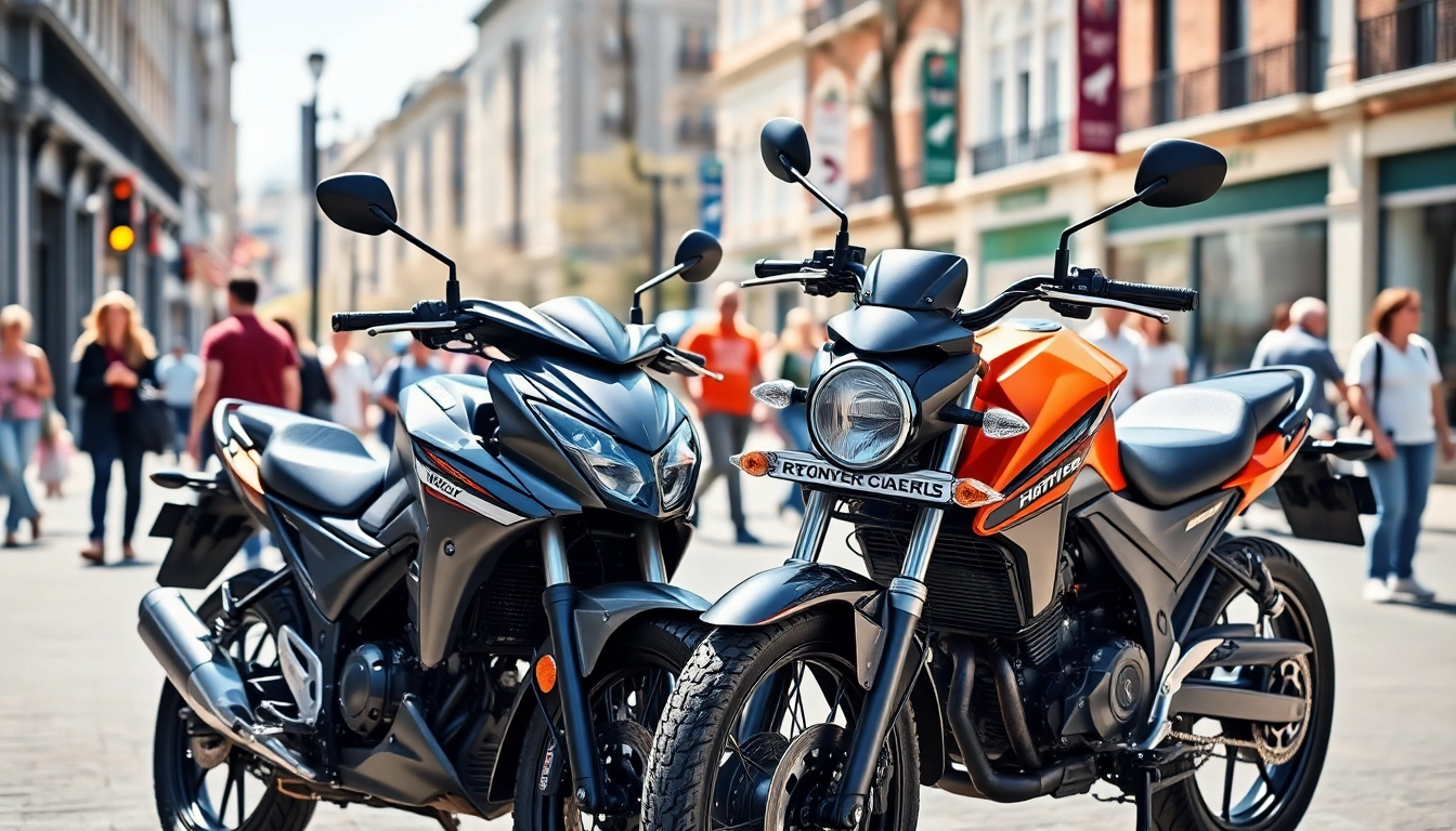 Showcasing 125cc and 250cc beginner motorcycles against a lively urban backdrop, promoting novice riding.