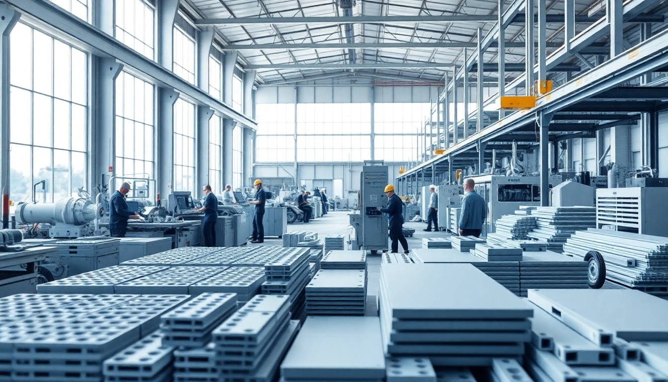 Showcasing a GRP Manufacturer facility with advanced machinery and bustling workers in action.