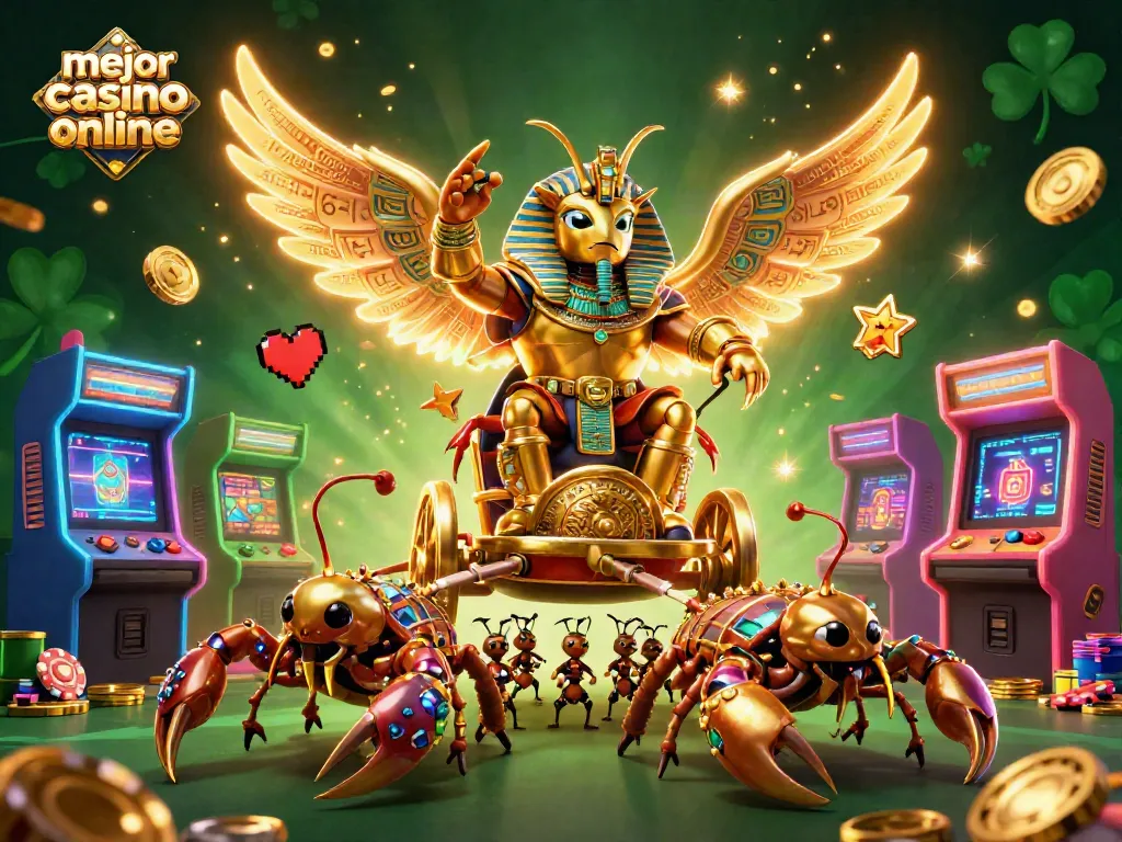Descubre el mejor casino online con un escarabajo dorado y elementos de juego vibrantes.