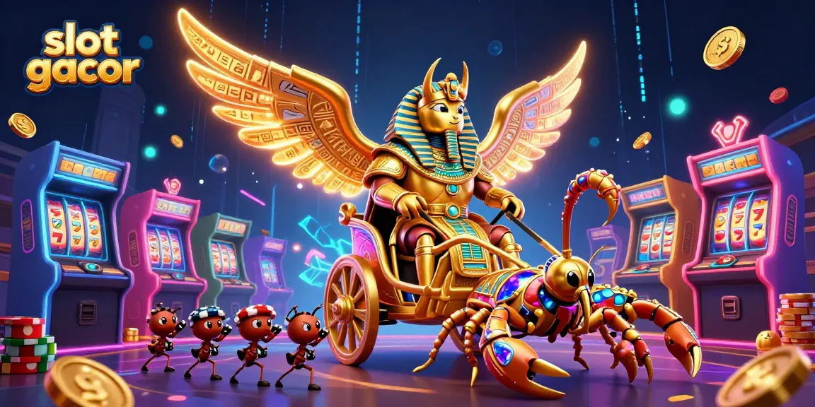 Engage with slot gacor in an enchanting casino illustration featuring golden scarabs and vibrant game elements.
