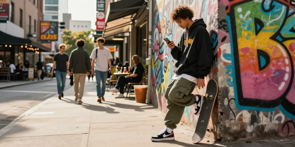 Young individual in trendy streetwear embodying rokok88 culture in an urban setting.