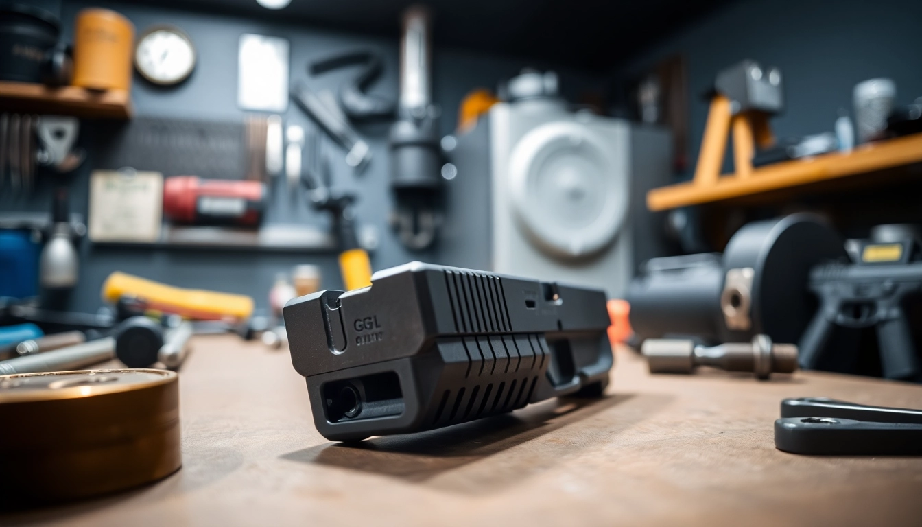 Showcase of a glock 19 slide highlighting precision and craftsmanship in a professional workshop.