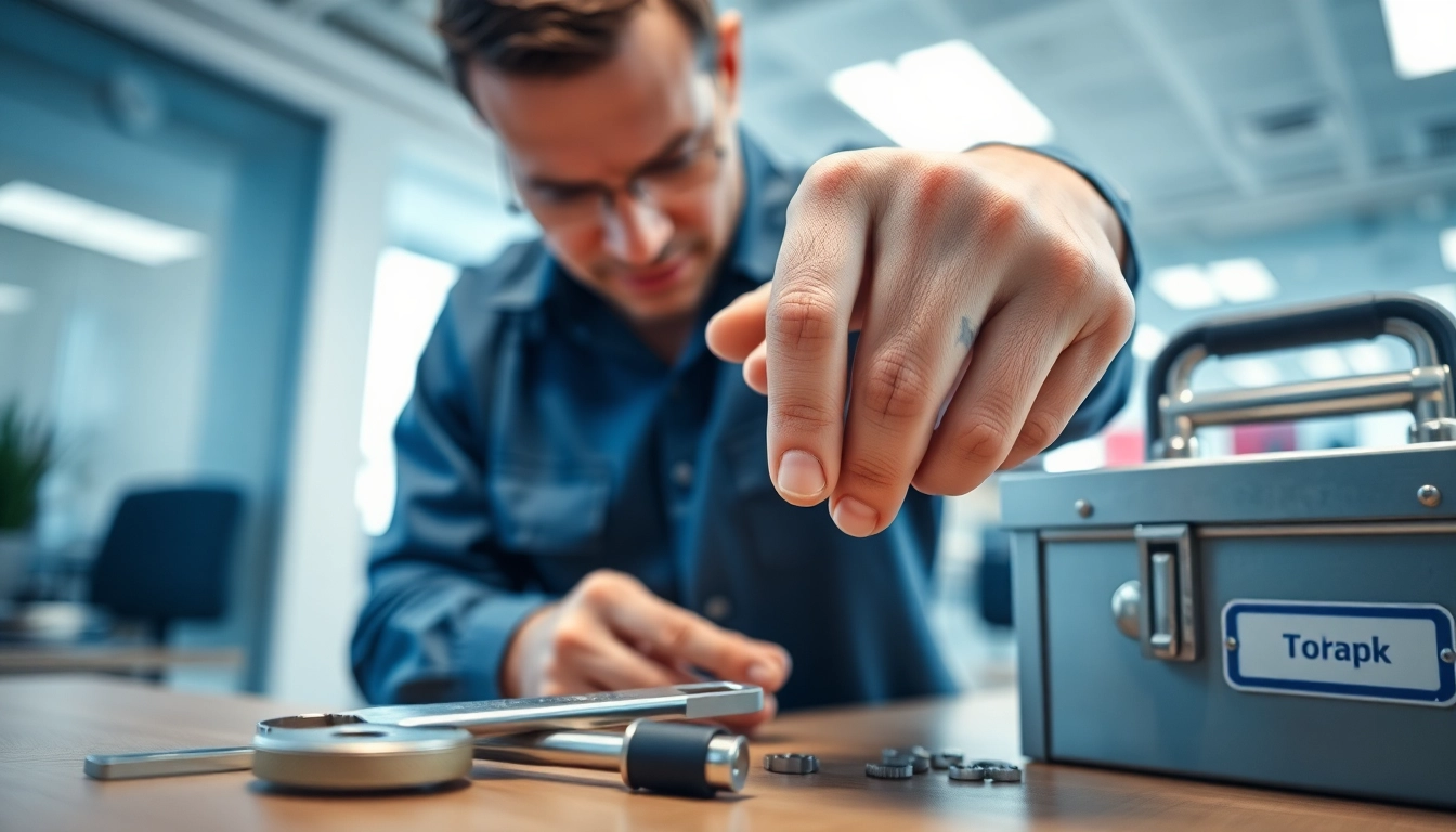 Commercial Locksmiths Near Ballwin, MO performing a lock repair in an office setting.