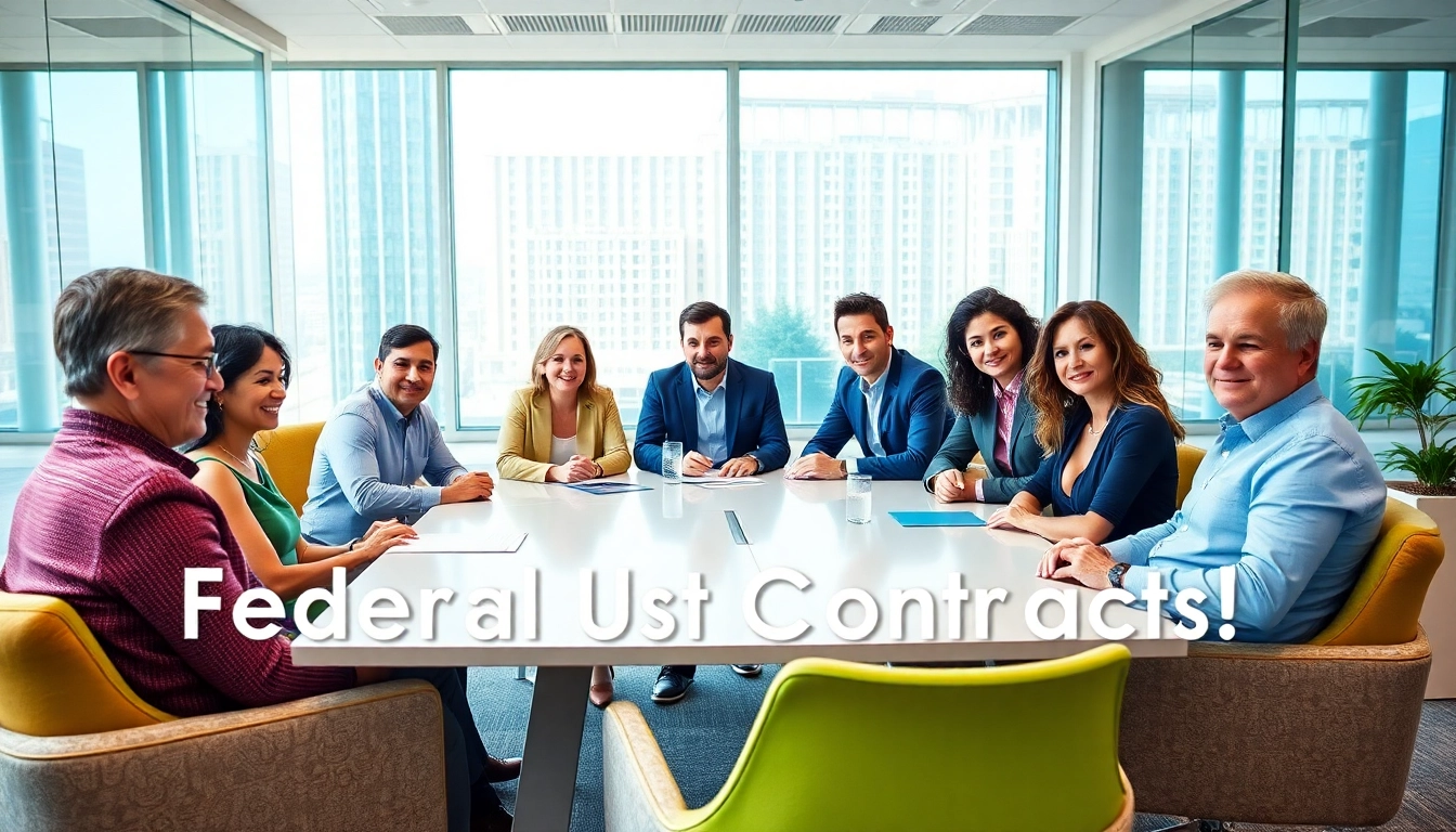Networking professionals discussing Federal and State contracts in a modern office setting.